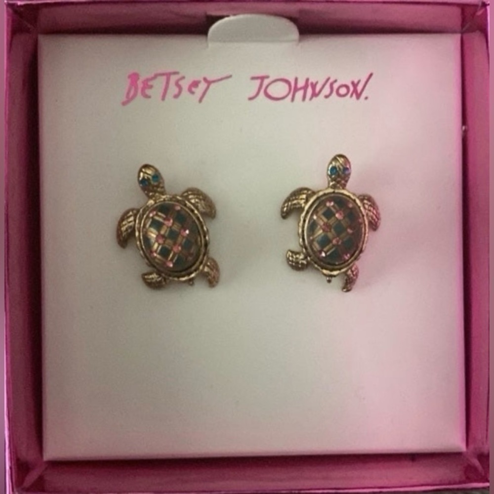 BETSEY JOHNSON Gold-Tone & Crystal-Accented Turtle Tortoise in Box Earrings NWT